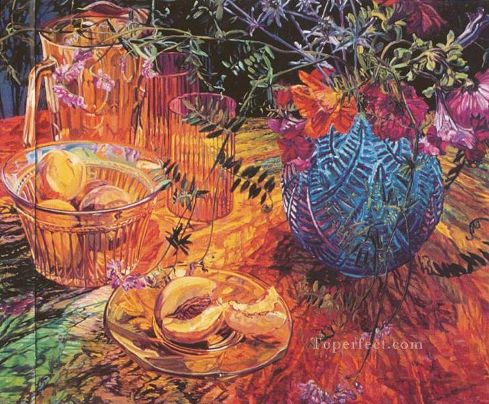 cut peach blue vase 1993 JF realism still life Oil Paintings